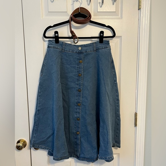 Belle Poque Women's Stretch A-Line Flared Midi Skirt w/ Pockets & Belt Size L - Picture 8 of 9